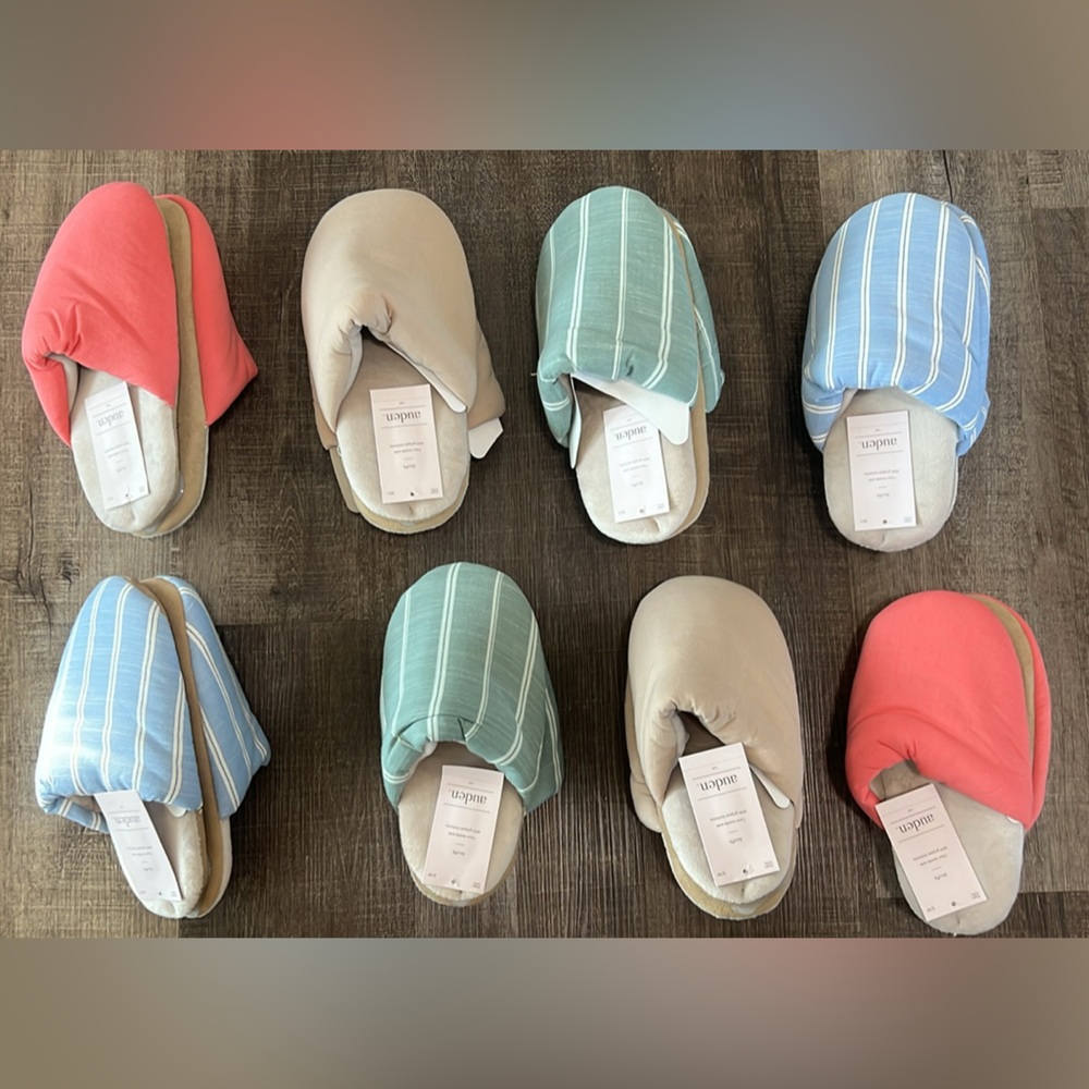Auden Slipper/Scuffs in Pink, Blue, Green & Cream with gripper bottoms.